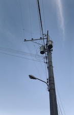 A tall utility pole is equipped with multiple wires and two large cylindrical transformers. A streetlamp extends outward from the pole, which is set against a clear blue sky.