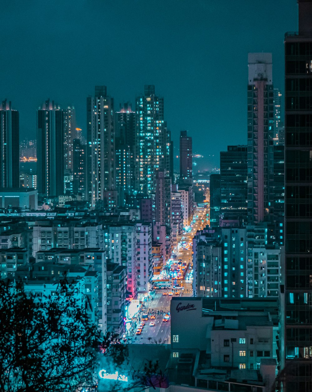 city skyline during night time