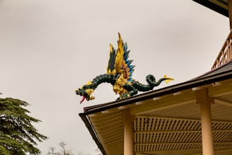 A colorful dragon sculpture is perched on the corner of a roof. The dragon has vibrant blue, yellow, and green scales with an elaborate design. Its wings are spread wide, displaying bright feathers, while its mouth is open, showing sharp teeth and a red tongue. The roof beneath is made of wood with a beige trim, and the sky in the background is overcast.