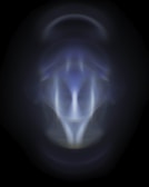 A symmetrical and abstract pattern with a glowing blue and white color palette, evoking a sense of mystery. The form is centered against a dark background, resembling an ethereal or spectral figure.