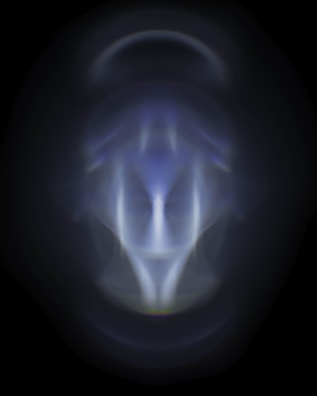 A symmetrical and abstract pattern with a glowing blue and white color palette, evoking a sense of mystery. The form is centered against a dark background, resembling an ethereal or spectral figure.