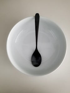 stainless steel spoon on white ceramic plate