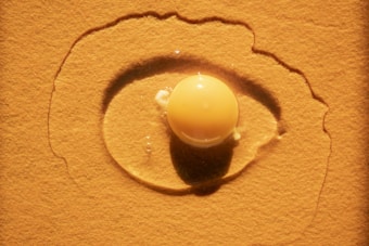A raw egg yolk surrounded by egg white lies on a textured surface. The lighting creates a glossy reflection on the yolk, and the shadow forms an eye-like shape.