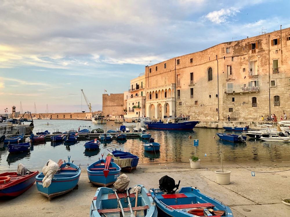 boats on dock near buildings during daytime