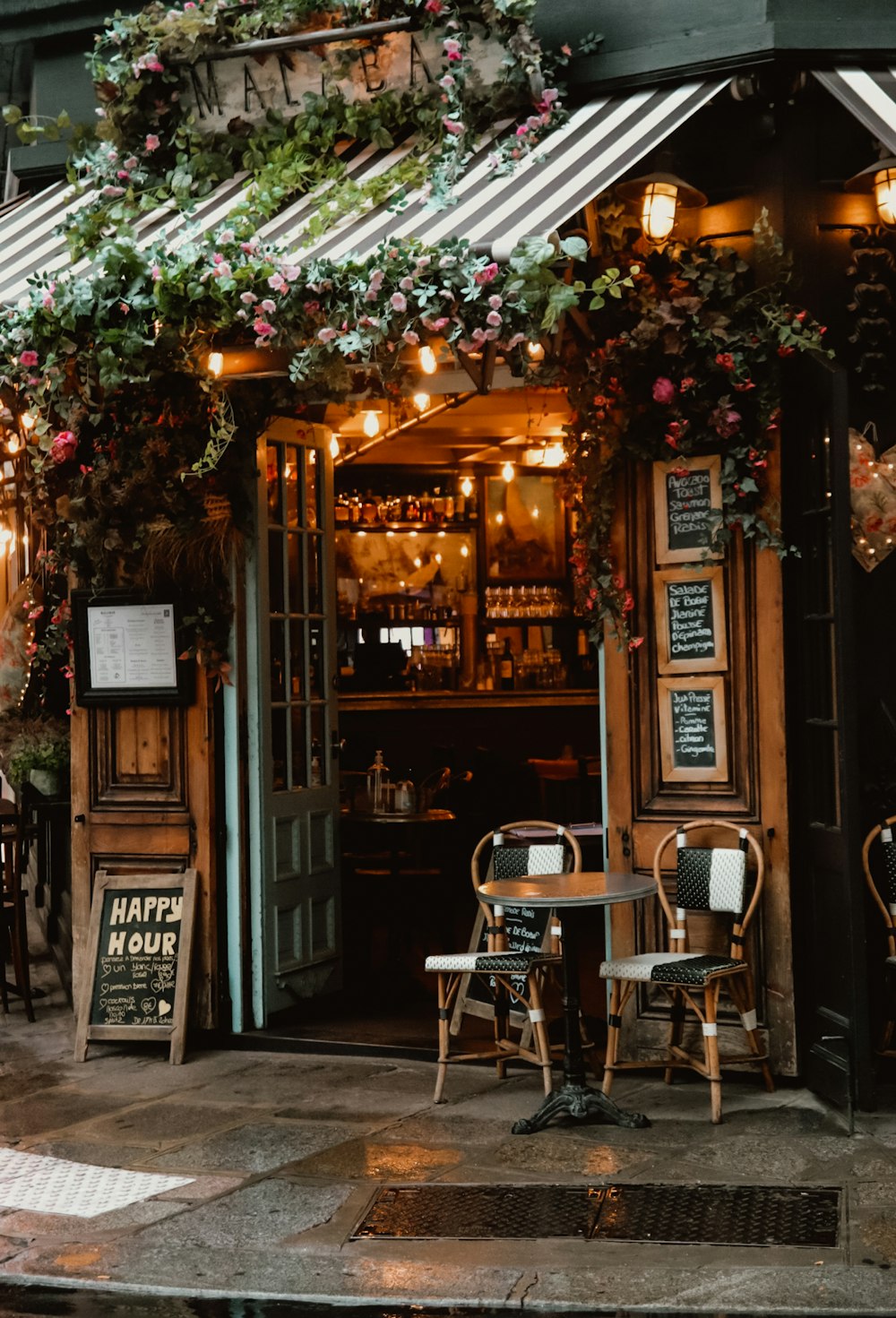 restaurant with lighted string lights