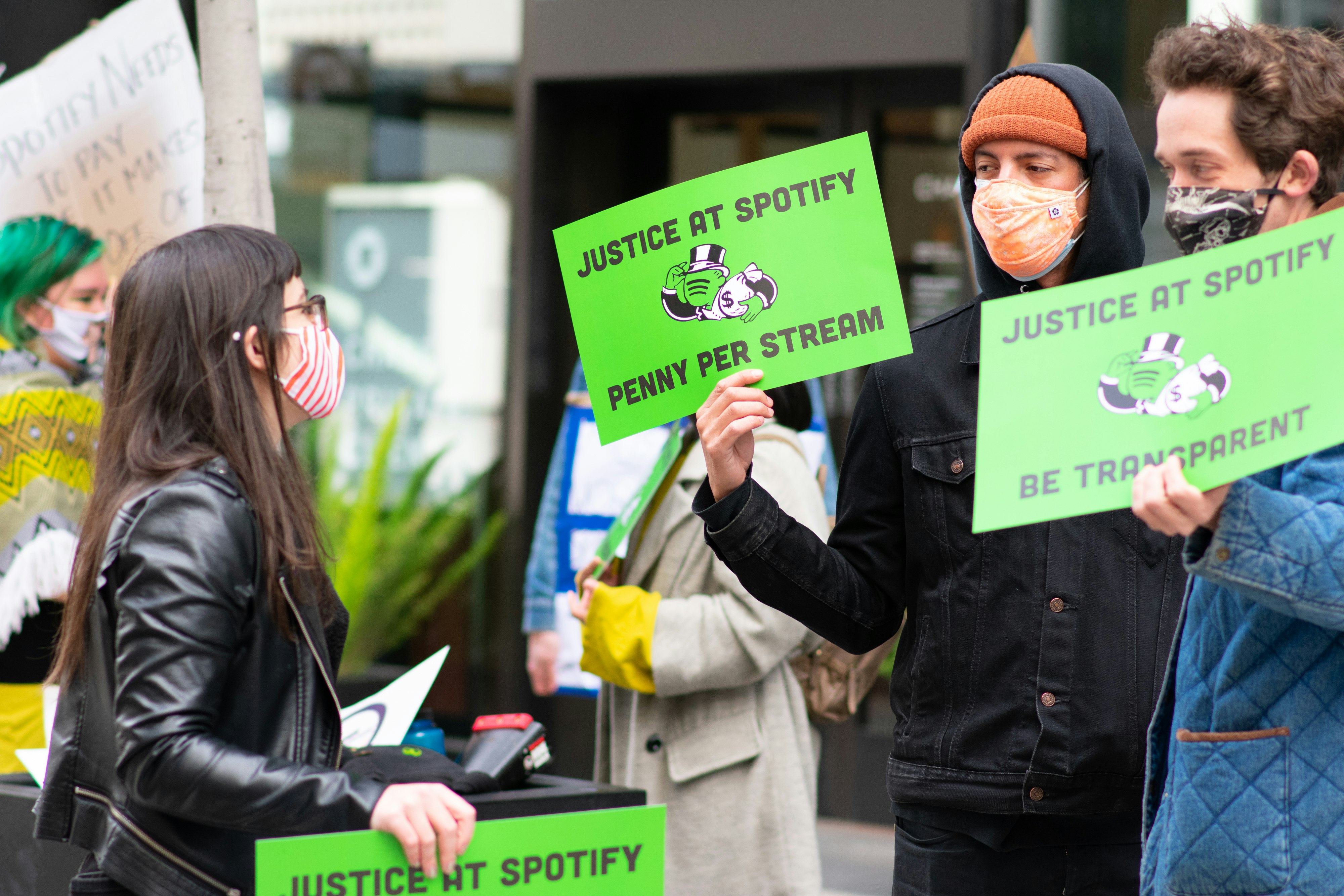 Union of Musicians and Allied Workers protesting at Spotify's corporate headquarters in San Francisco. 