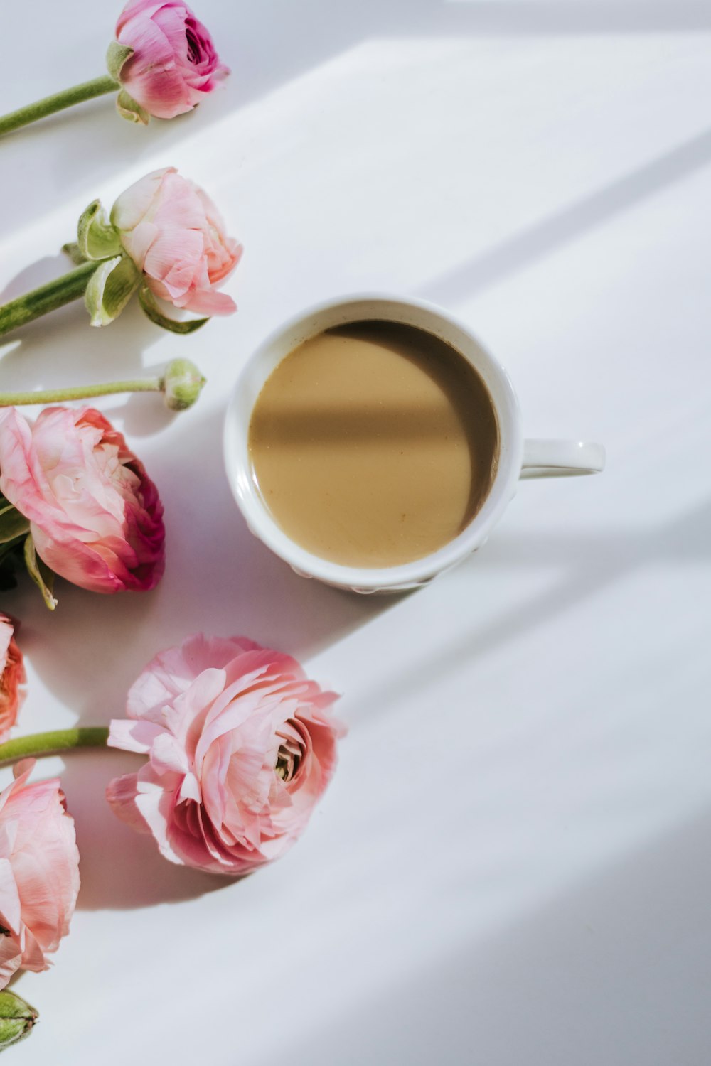 pink rose beside white ceramic mug with brown liquid