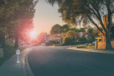 A peaceful neighborhood street lined with well-kept homes glowing in the afternoon sun.