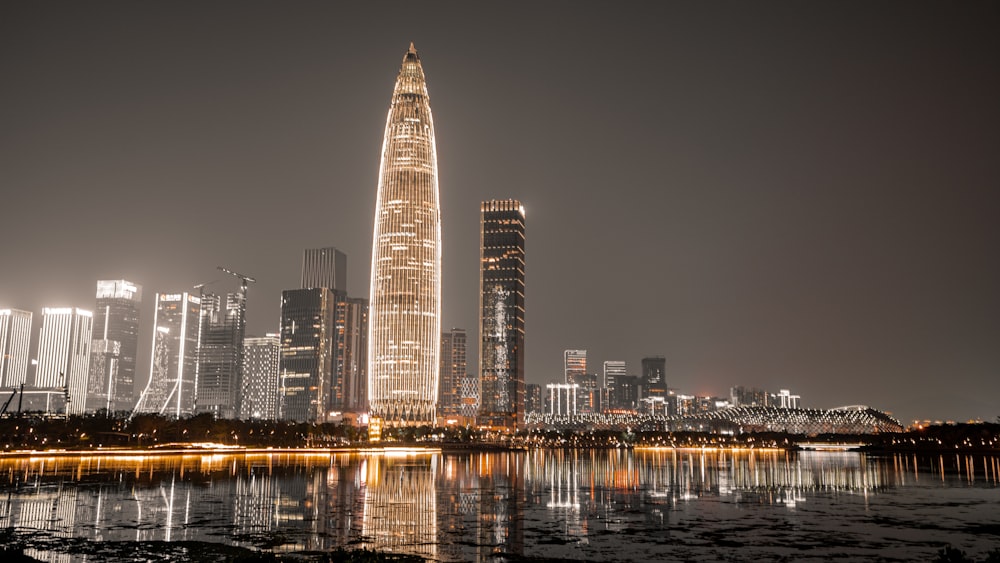 city skyline during night time