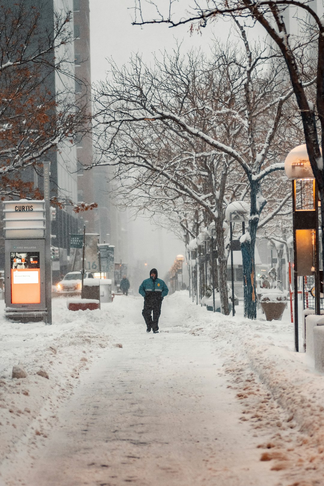 person in black jacket walking on snow covered road during daytime