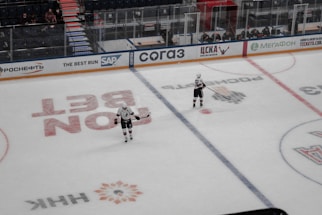 Two ice hockey players wearing helmets and uniforms are on an ice rink. The rink has various advertising logos, and there's a boundary wall separating the rink from a seating area with spectators. Some staff members are visible behind the wall.