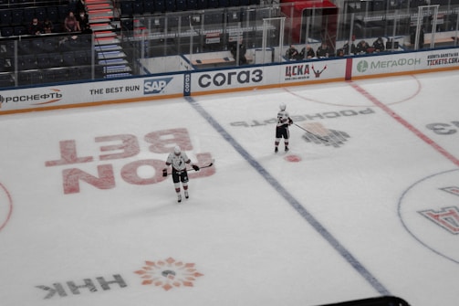 Two ice hockey players wearing helmets and uniforms are on an ice rink. The rink has various advertising logos, and there's a boundary wall separating the rink from a seating area with spectators. Some staff members are visible behind the wall.