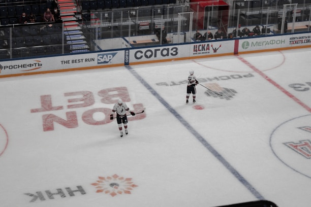 Two ice hockey players wearing helmets and uniforms are on an ice rink. The rink has various advertising logos, and there's a boundary wall separating the rink from a seating area with spectators. Some staff members are visible behind the wall.