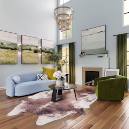 A stylish room makeover showing new curtains, furniture, and color accents.