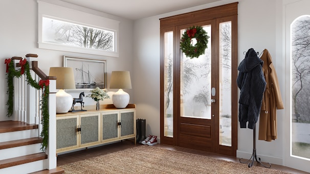 brown wooden framed glass door