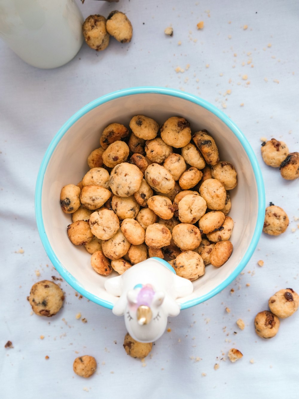 brown cookies in blue ceramic bowl