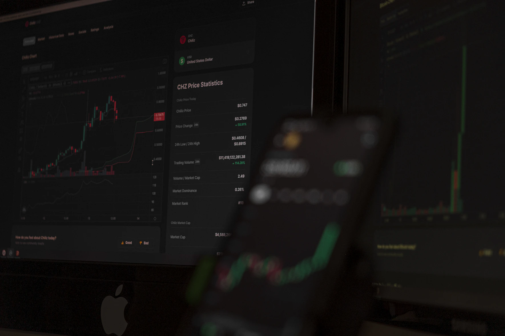 Dark multi-screen market analysis workspace