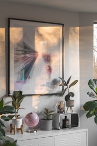 A white cabinet topped with various objects including potted plants, a pink globe, and decorative items. Above the cabinet hangs a large abstract artwork featuring dynamic, colorful lines. The room is well-lit with natural light casting shadows of the plants on the wall.