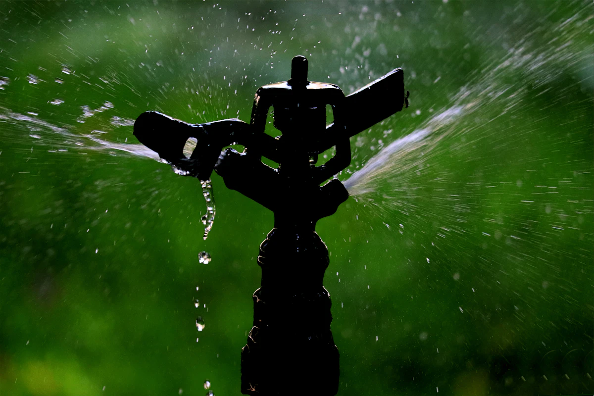 Sprinkler head spraying water across green grass
