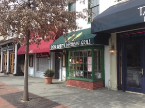 A street view of several storefronts including a Mexican grill with a green awning, a tree in front of the shops with brown leaves, and a sidewalk lined with bricks.