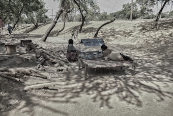 A rural outdoor setting with two people facing away from the camera. One is sitting on the ground near scattered debris and wooden objects, while the other is lying on a charpoy. The area is shaded by trees, and distant figures can be seen walking along a dirt path.