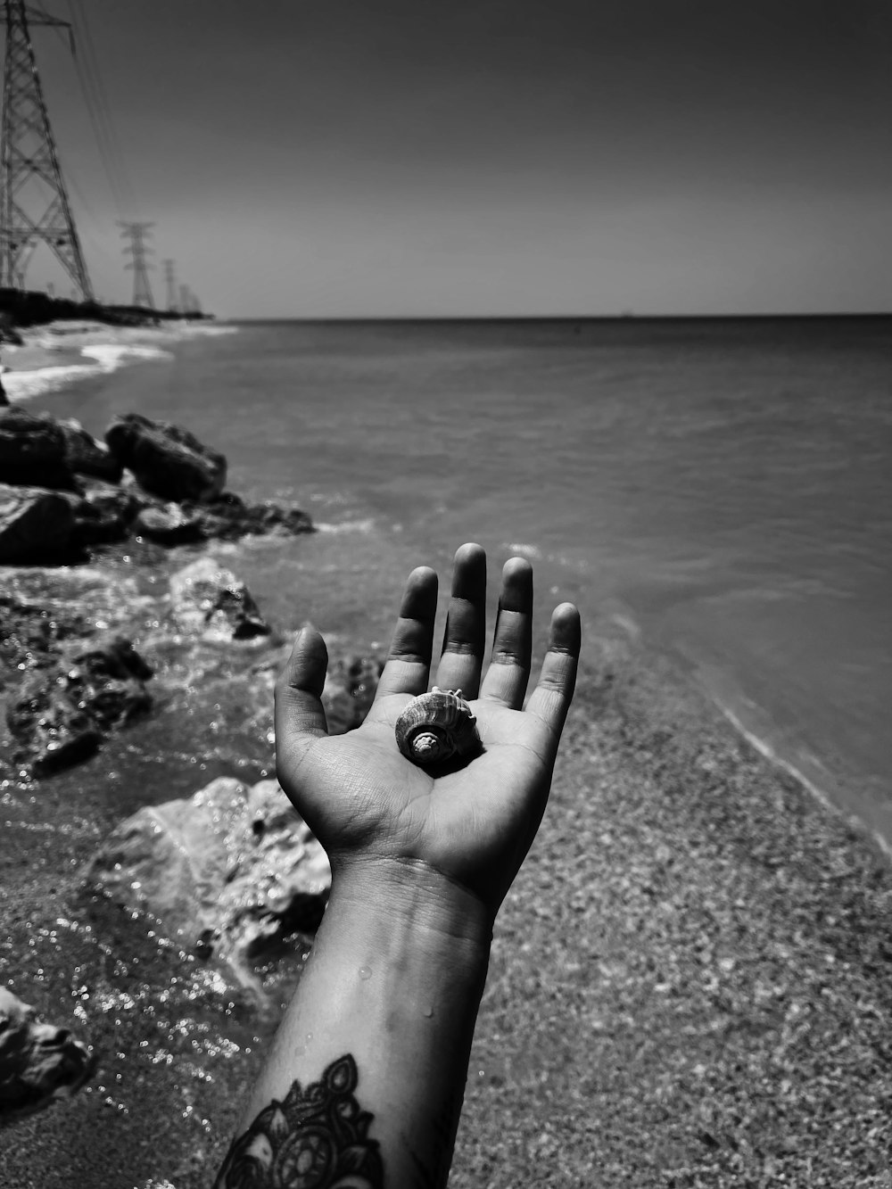 grayscale photo of persons hand with black stone on the middle of the sea