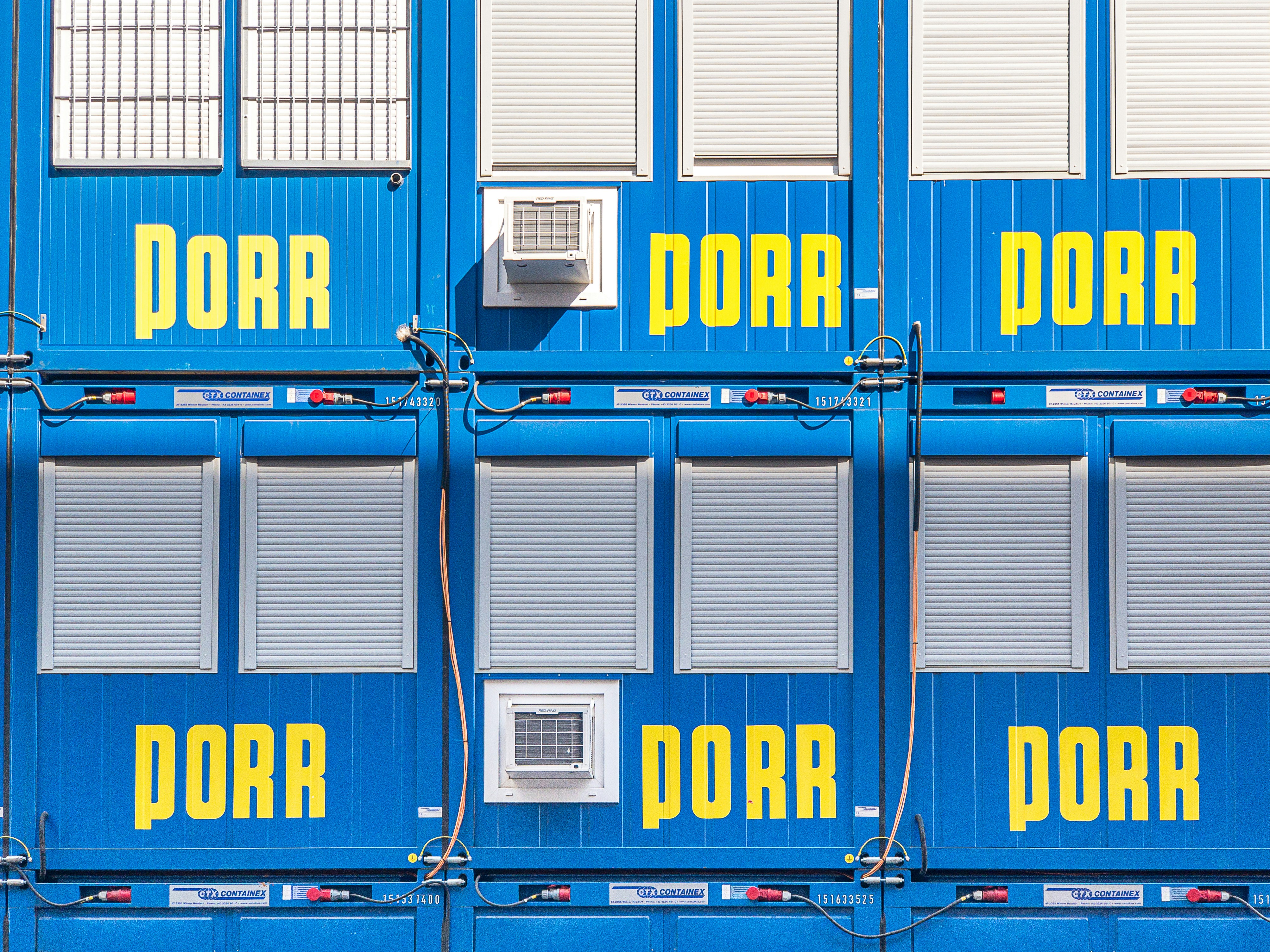 Blue container offices at a construction site