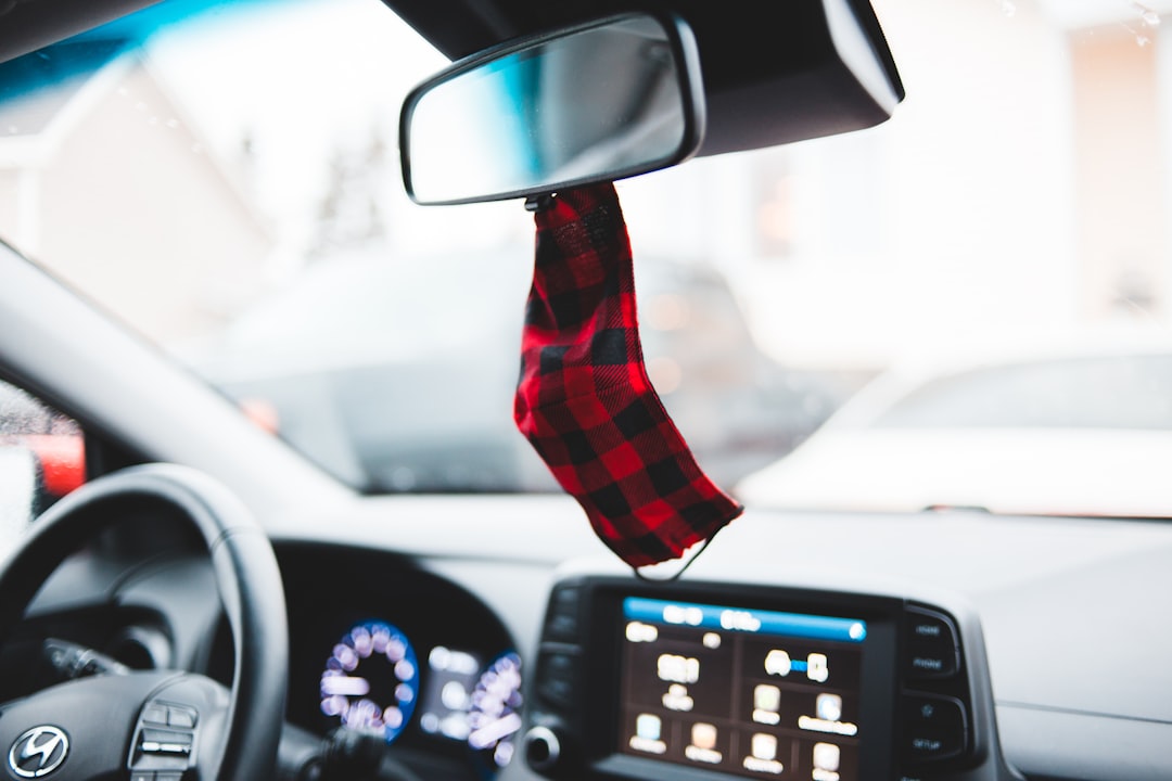 red and black plaid necktie on car steering wheel