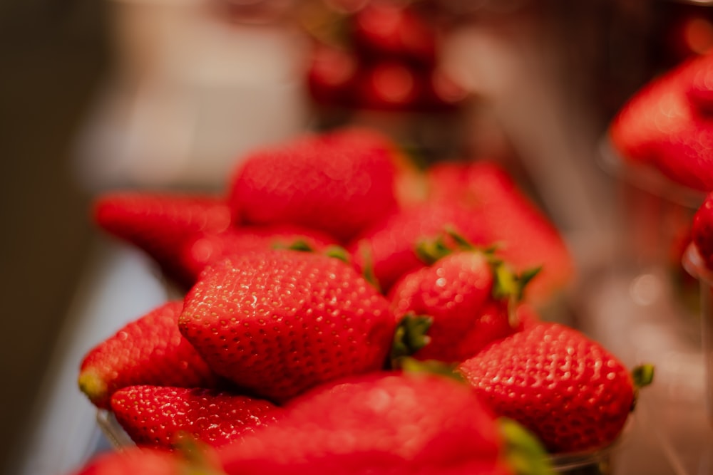 red strawberries in tilt shift lens