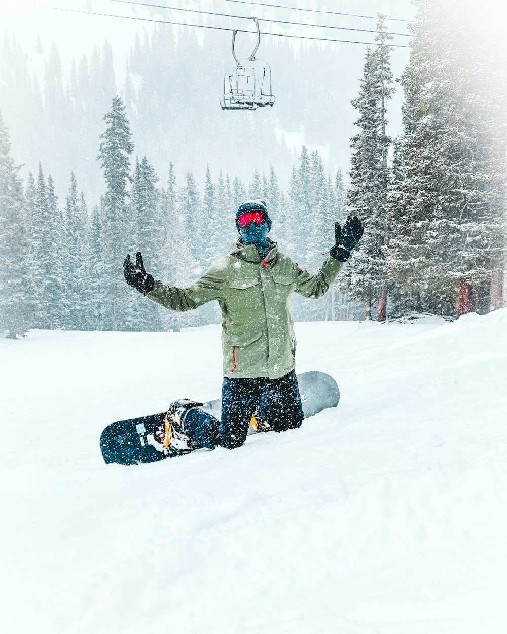 man in green jacket and blue pants on snow covered ground during daytime