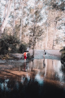 Two friends laughing while hiking along a forest trail with backpacks and sunlight filtering through leaves.