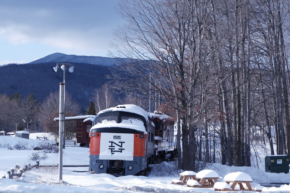 Tren rojo y blanco en terreno cubierto de nieve durante el día