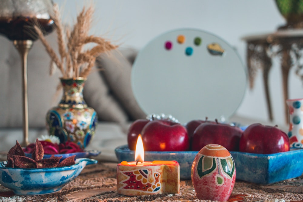 red and blue baubles on brown wooden table