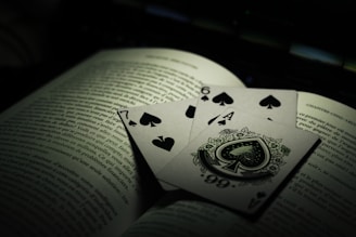 A set of playing cards, including an Ace of Spades, rests atop an open book. The lighting is dim, creating a moody atmosphere with shadows cast across the page.
