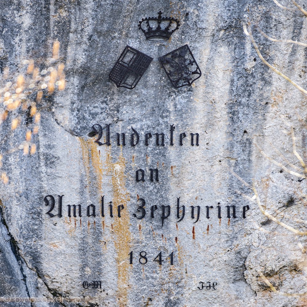 a sign on a rock with a crown on it