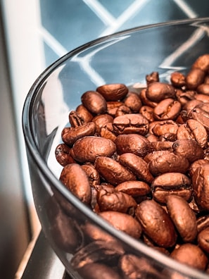 Close-up shot of roasted coffee beans in a transparent container
