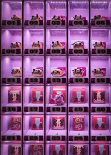 A grid of illuminated vending machine compartments contains a selection of colorful figurines and boxes. Each compartment is numbered from 01 to 25 and features lighting that emits a pinkish glow. The top row contains pug-looking figurines, while other rows display small red boxes with Chinese characters and some featuring a small dragon figurine.