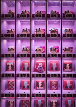 A grid of illuminated vending machine compartments contains a selection of colorful figurines and boxes. Each compartment is numbered from 01 to 25 and features lighting that emits a pinkish glow. The top row contains pug-looking figurines, while other rows display small red boxes with Chinese characters and some featuring a small dragon figurine.