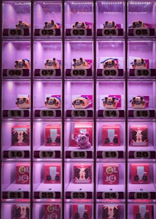 A grid of illuminated vending machine compartments contains a selection of colorful figurines and boxes. Each compartment is numbered from 01 to 25 and features lighting that emits a pinkish glow. The top row contains pug-looking figurines, while other rows display small red boxes with Chinese characters and some featuring a small dragon figurine.