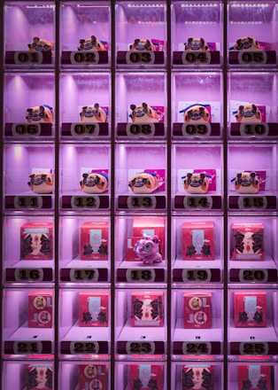 A grid of illuminated vending machine compartments contains a selection of colorful figurines and boxes. Each compartment is numbered from 01 to 25 and features lighting that emits a pinkish glow. The top row contains pug-looking figurines, while other rows display small red boxes with Chinese characters and some featuring a small dragon figurine.