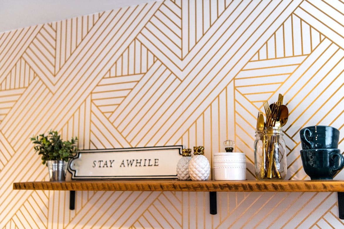 geometric wall pattern and shelf