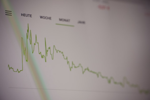 A line graph with a green fluctuating line on a light background, indicating data trends over time. The labels 'Heute', 'Woche', 'Monat', and 'Jahr' suggest timeframes such as today, week, month, and year.