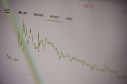 A line graph with a green fluctuating line on a light background, indicating data trends over time. The labels 'Heute', 'Woche', 'Monat', and 'Jahr' suggest timeframes such as today, week, month, and year.