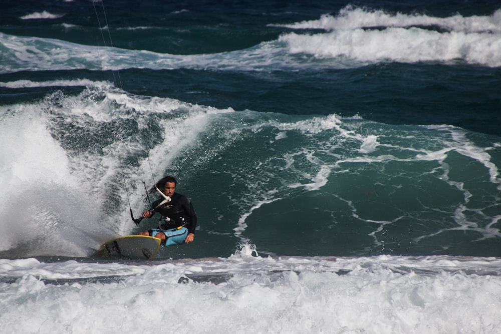 man in black wet suit riding yellow surfboard on sea waves during daytime