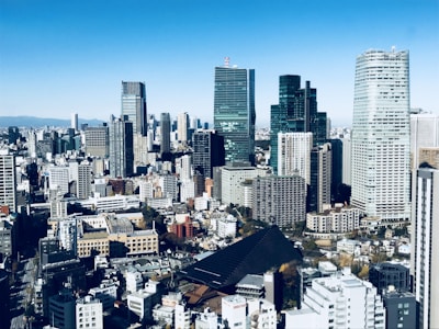A panoramic view of a vibrant urban skyline.