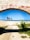 A stone archway with red graffiti reading 'DIAS BONS VIRÃO' frames a view of a beach. Beyond the arch, a concrete path leads toward a sandy area with a few palm trees. The sky is clear and blue, with the ocean visible in the distance. Green foliage grows at the sides of the path, adding a touch of nature to the scene.
