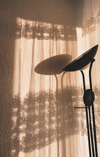 Soft, filtered sunlight creates intricate lace shadows on a textured wall. A tall, narrow lamp casts a distinct shadow alongside the lace patterns.