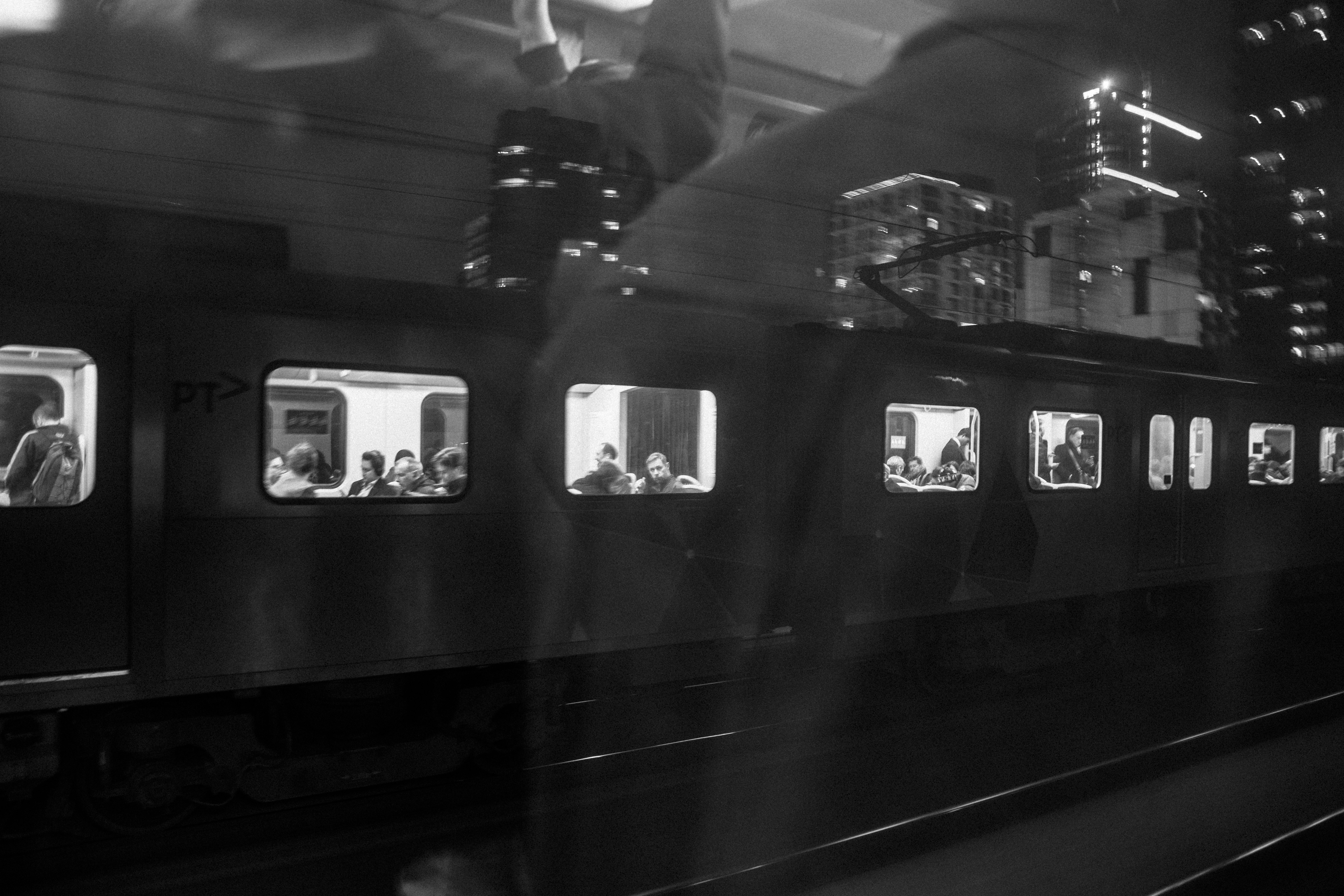 grayscale photo of train station