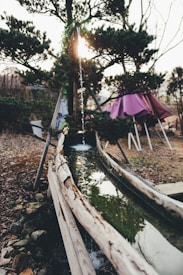 A rustic wooden trough filled with water runs through a natural setting, surrounded by trees. Sunlight filters through the tree branches, casting reflections on the water's surface. In the background, colorful fabric structures resembling tents or covers are visible.