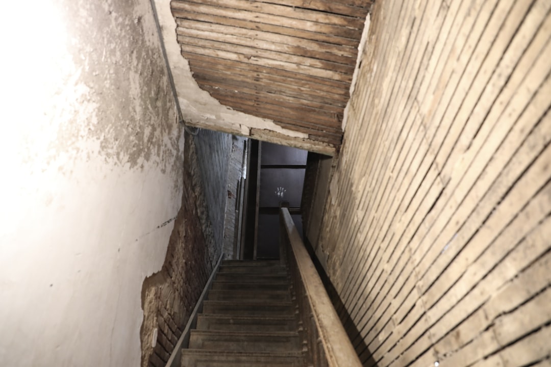 brown wooden stairs in a white room